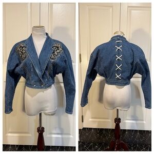 Vintage denim cropped embellished jacket